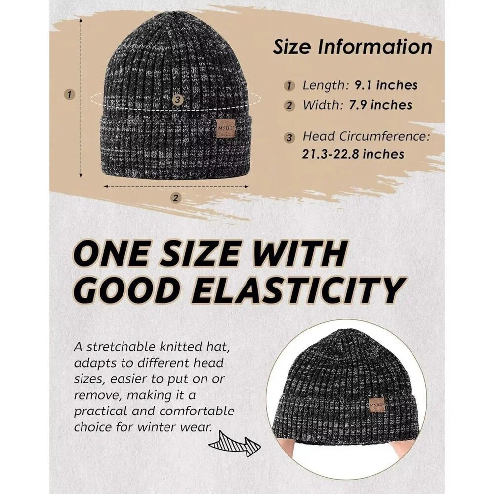 Unisex Mix Black Beige Warm Fleece-Lined Knit Beanie Skull Cap for Cold Weather - Picture 2 of 7